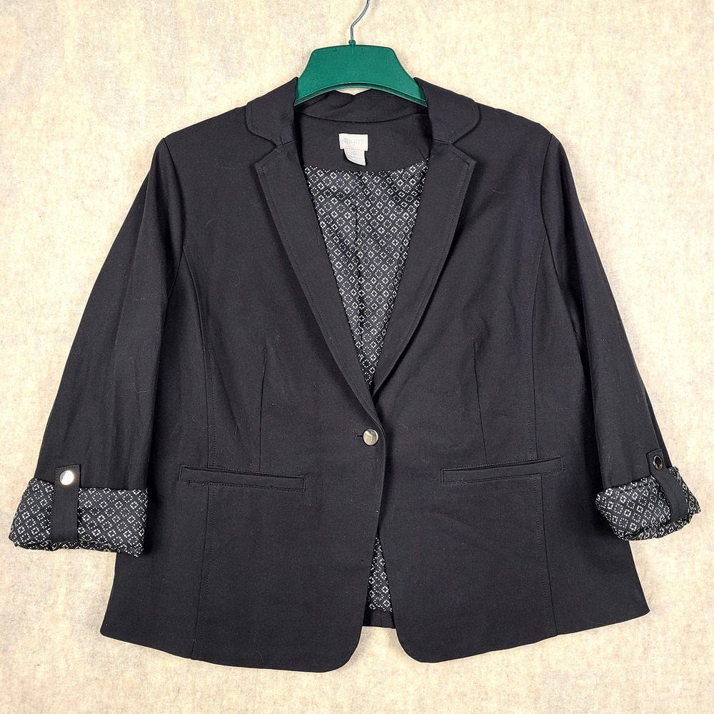 Chicos Black Roll Sleeve Stretch Womens Jacket Blazer Petite US 12/14P Classic
